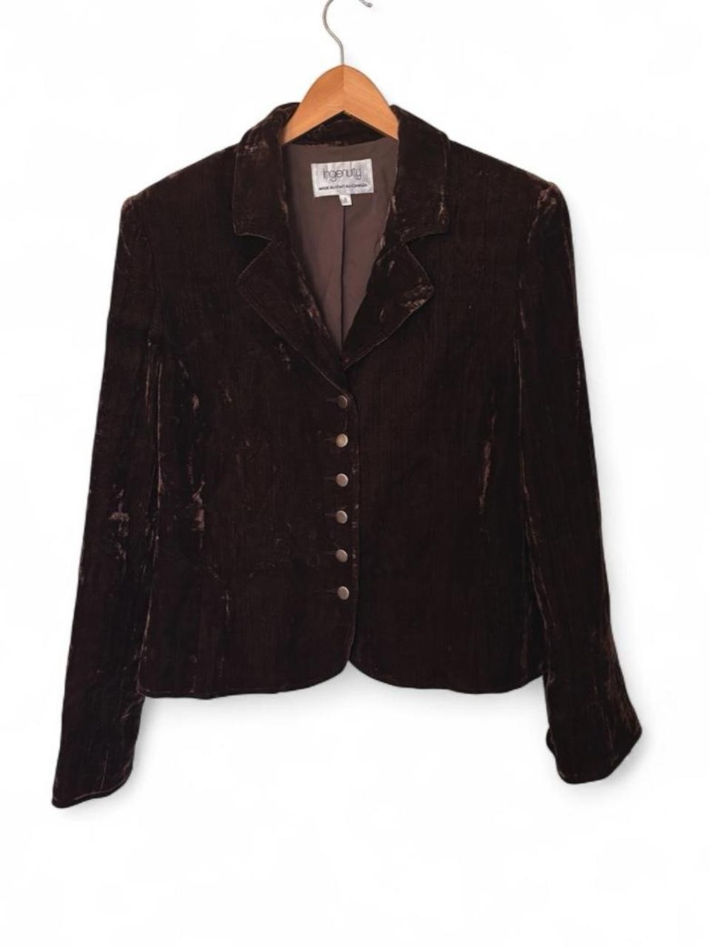 Brown crushed velvet blazer jacket w a vintage vibe, size 8. Made in Canada